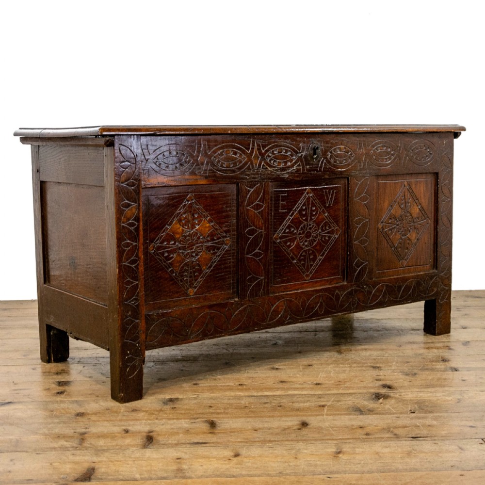 17th Century Antique Carved Oak Coffer View II