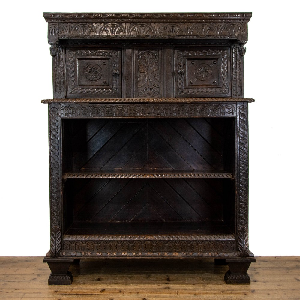 Antique Carved Oak Court Cupboard with Bookcase Base