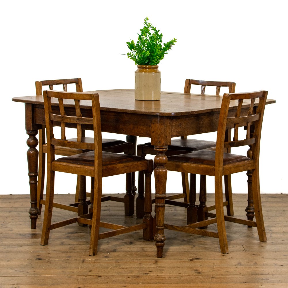 Antique Oak Kitchen Table with Set of Four Oak Dining Chairs