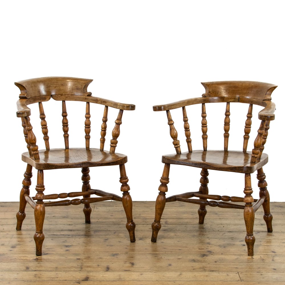 Pair of Antique Beech & Elm Captains Armchairs