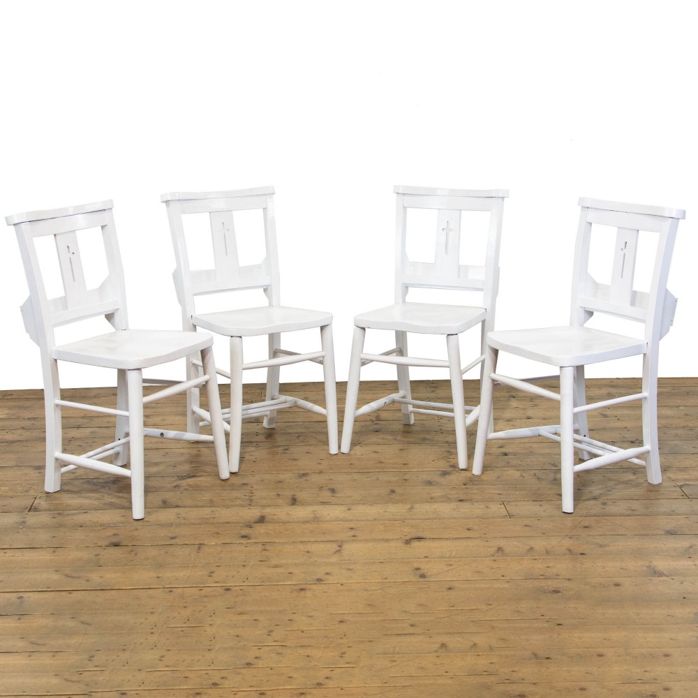 Set of Four White Painted Antique Chapel Chairs
