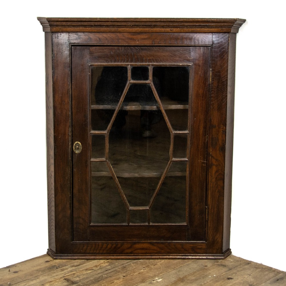 Antique Oak and Glazed Hanging Corner Cabinet