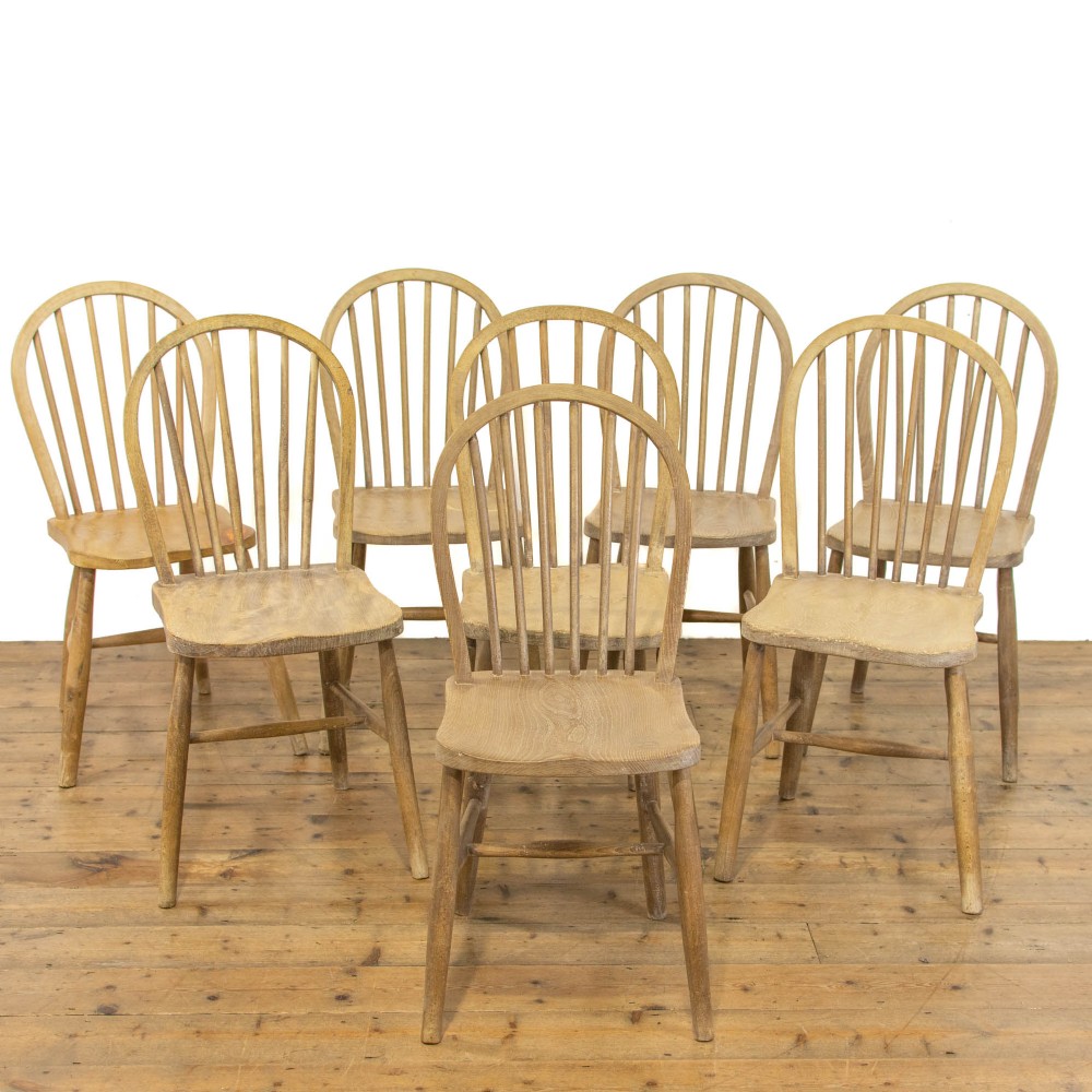 Set of Eight Antique Pine Kitchen Chairs