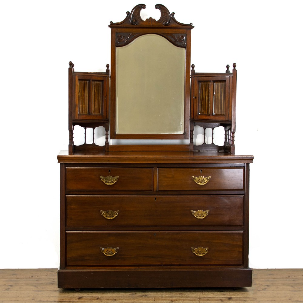 Antique Walnut Mirror Back Dressing Table Chest