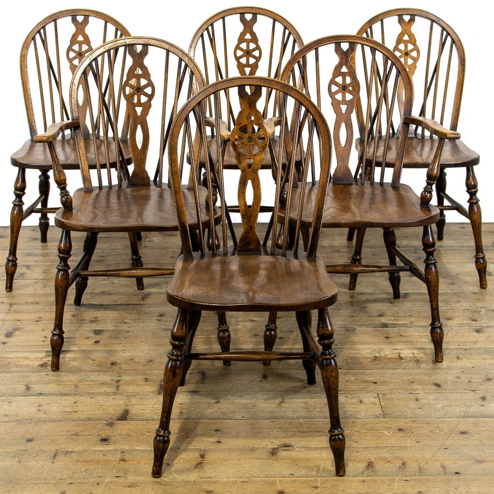 Set of Six Antique Windsor Wheelback Kitchen Chairs