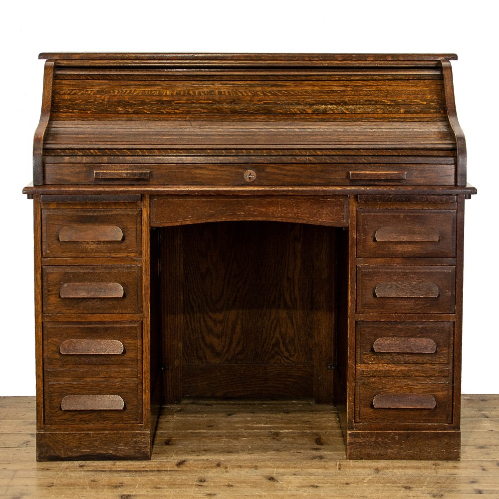Antique Oak Pedestal Roll Top Desk