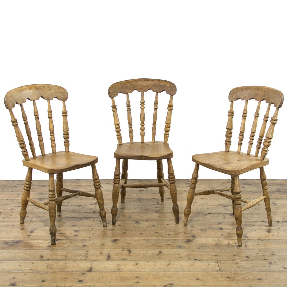 Set of Three Antique Pine Farmhouse Kitchen Chairs