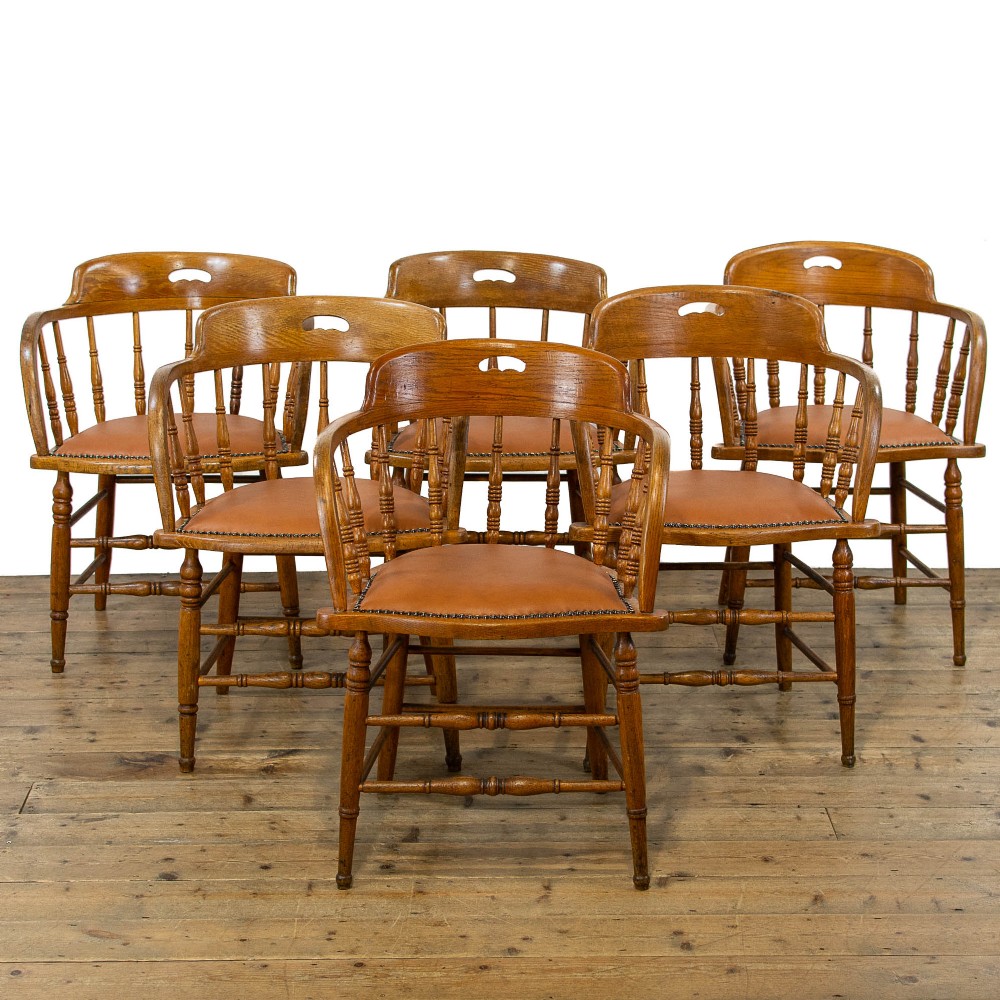 Set of Six Antique Honey Oak Captain's Armchairs