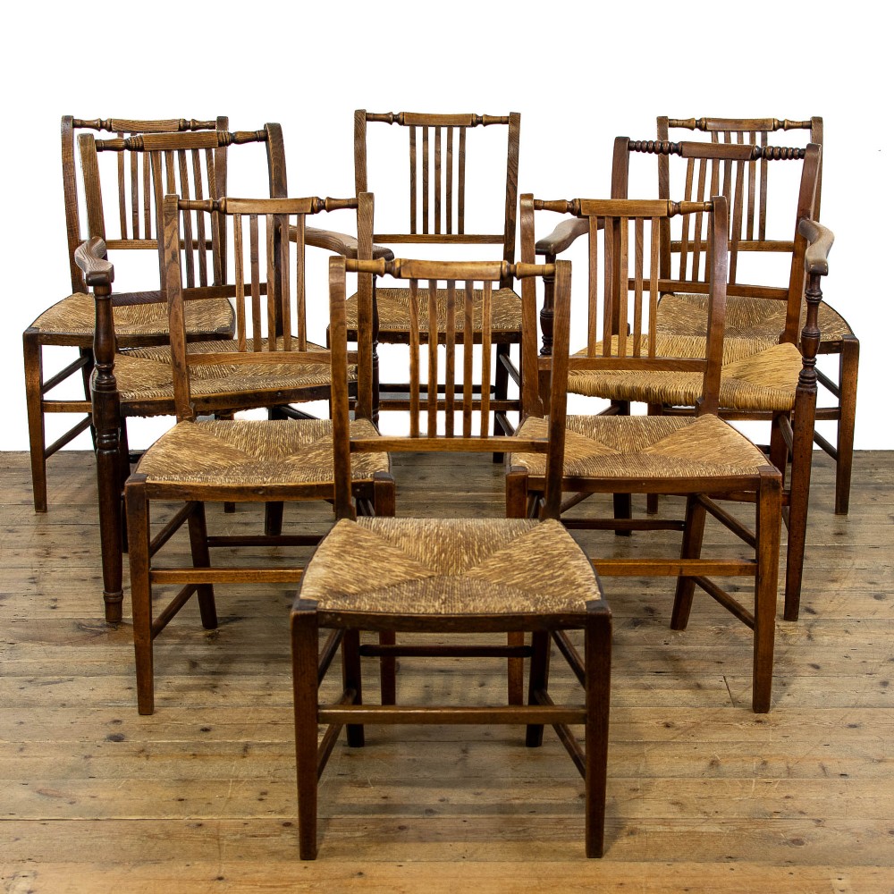 Set of Eight Antique Dining Chairs with Rush Seats
