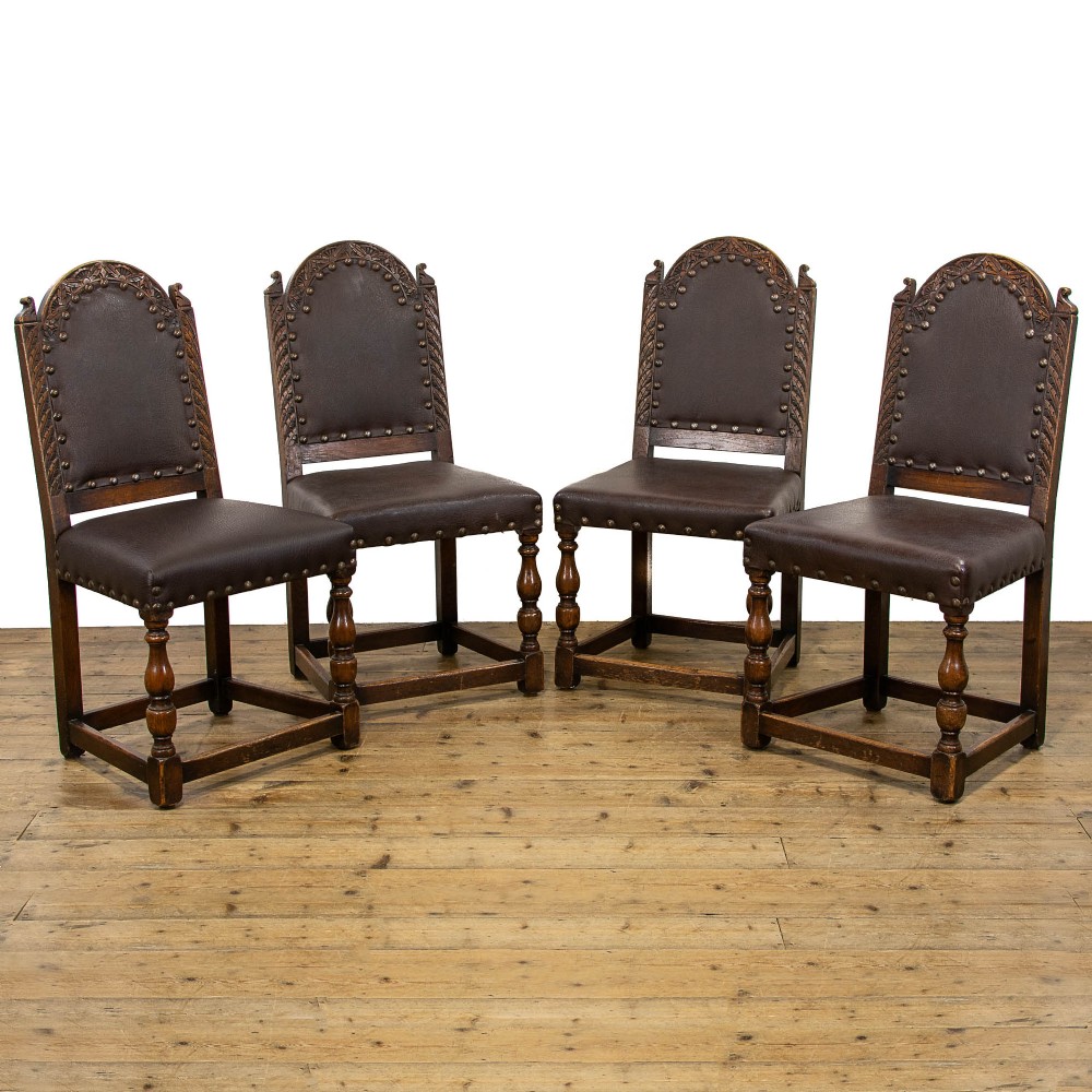 Set of Four Antique Oak and Leather Dining Chairs