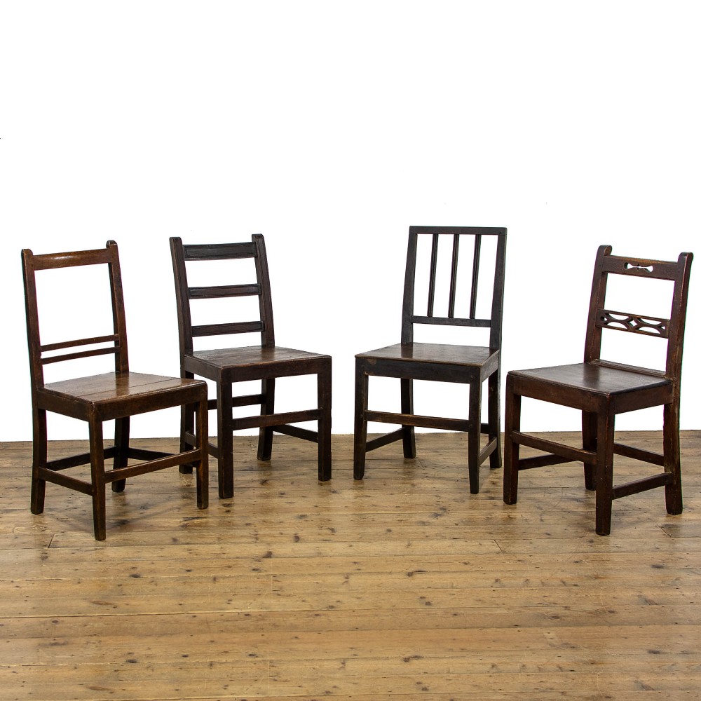 Harlequin Set of Four Antique Welsh Oak Farmhouse Chairs
