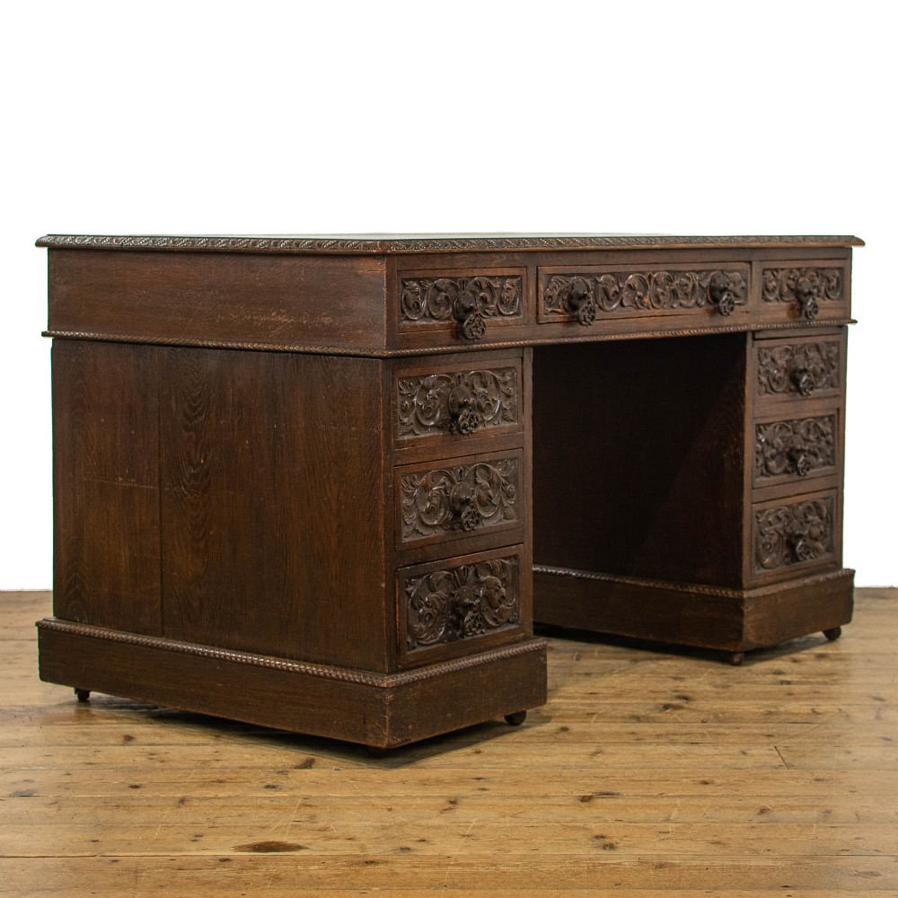 Antique Carved Oak Pedestal Writing Desk