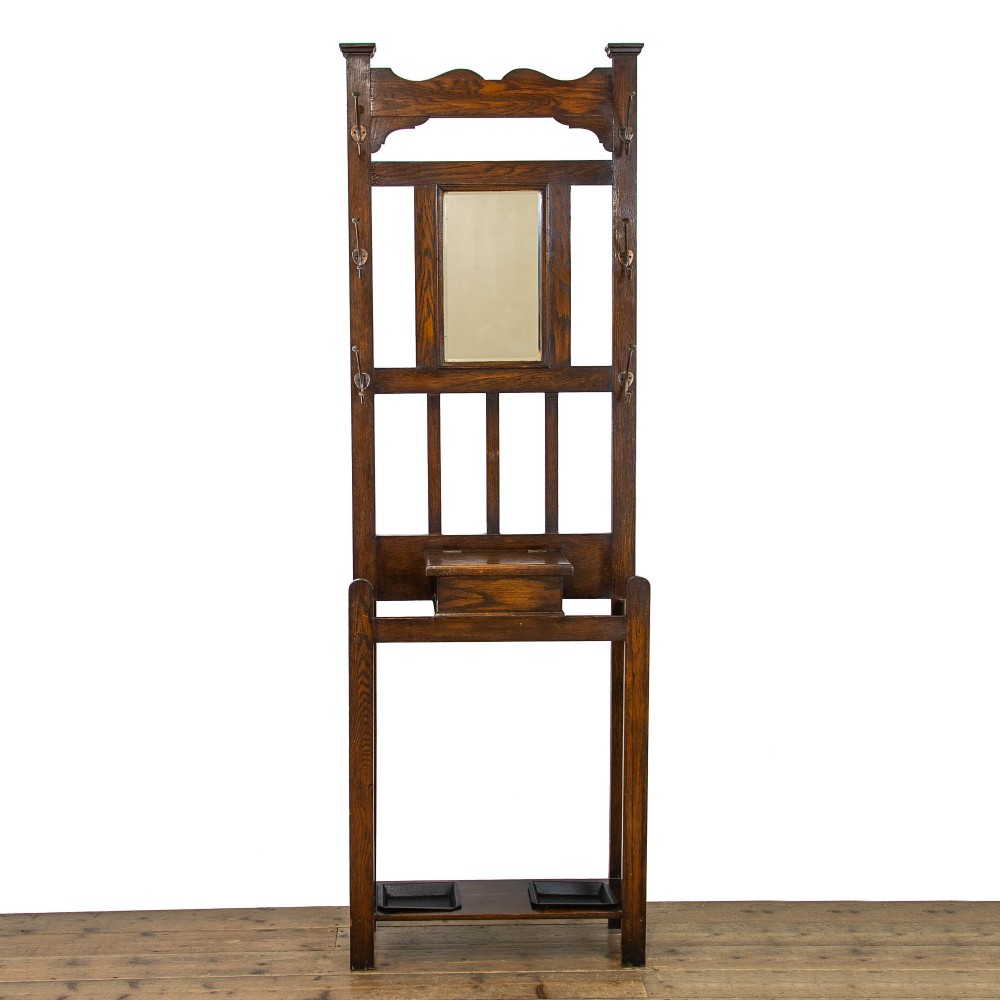 Antique Oak Mirror Back Hall Stand