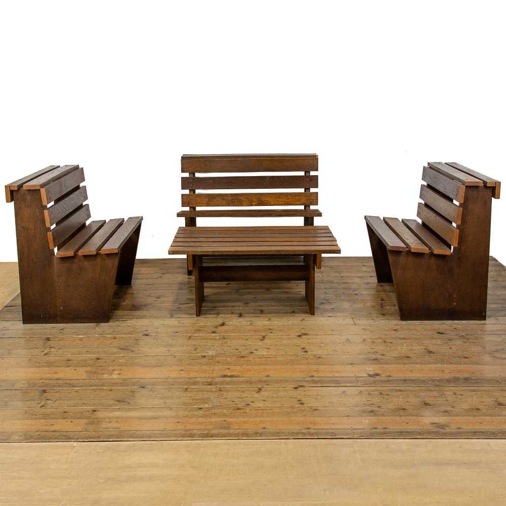 Antique Set of Three Oak Benches with Matching Table