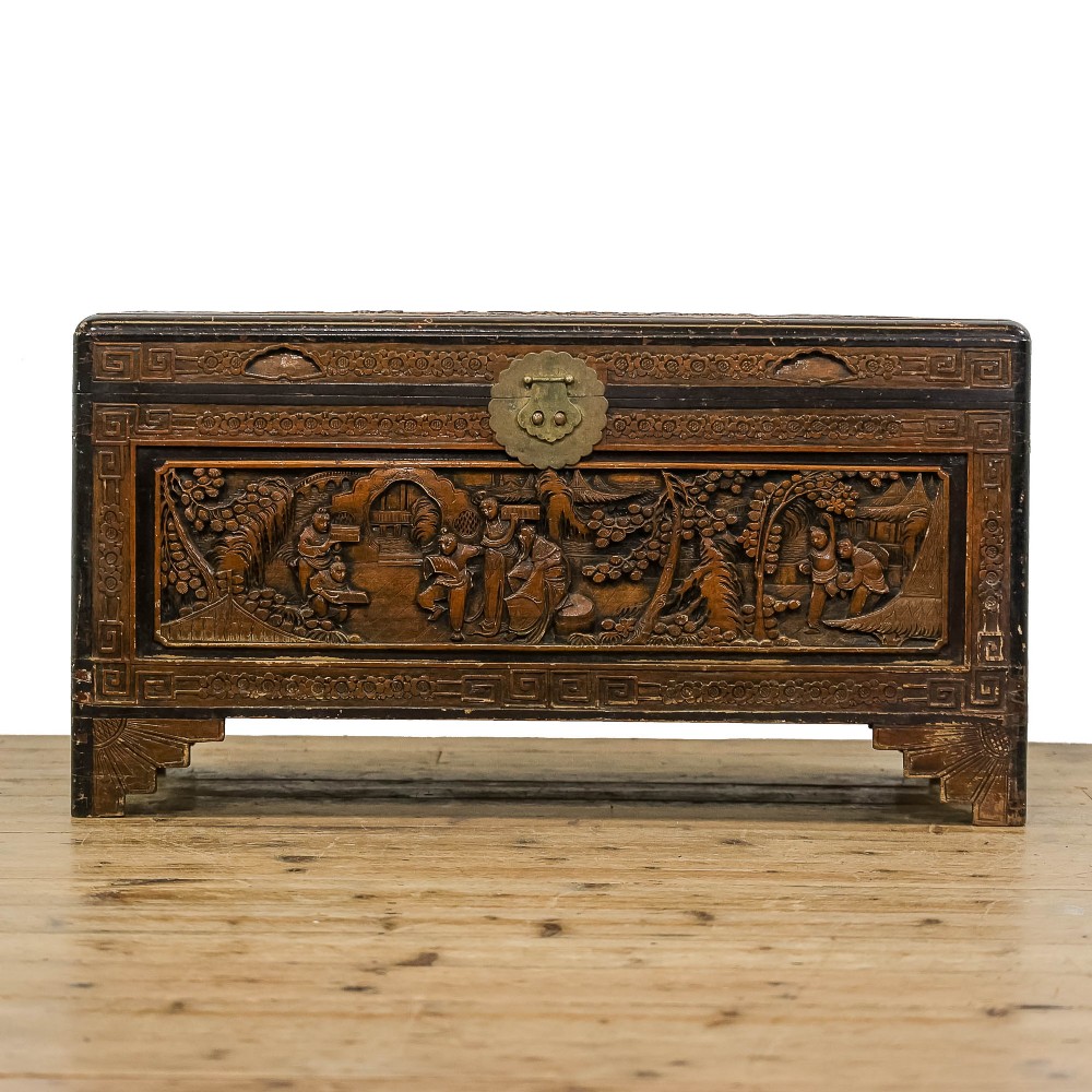 Antique Oriental Carved Camphor Wood Trunk