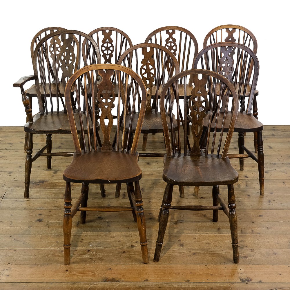Antique Set of Nine Wheelback Dining Chairs