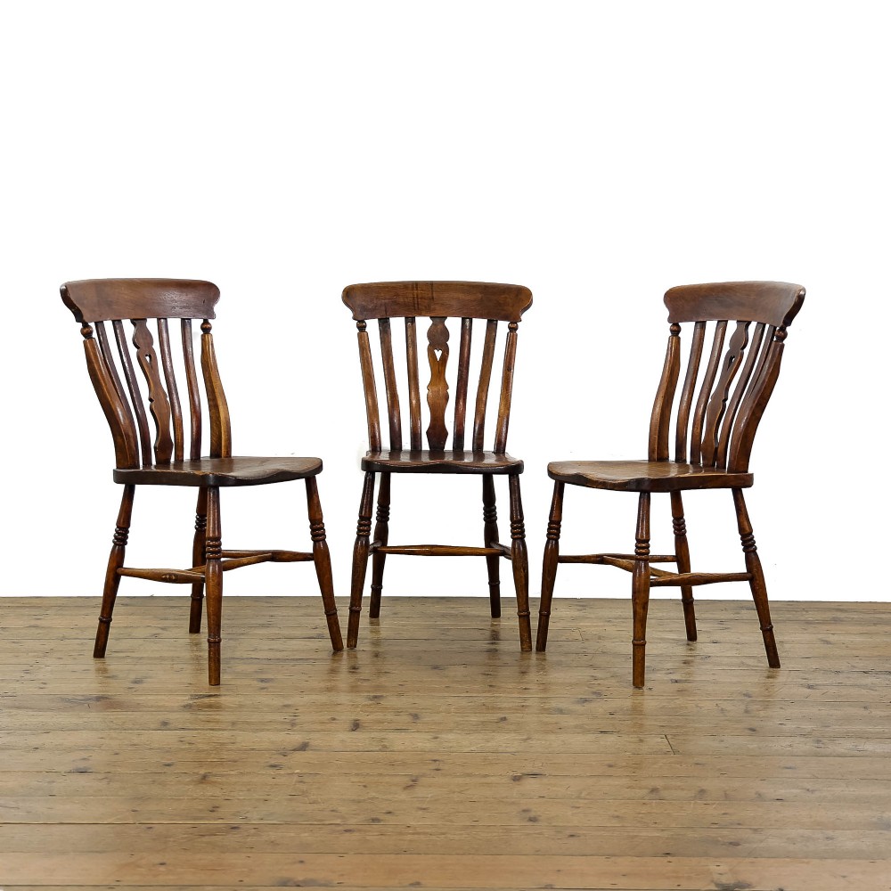 Antique Set of Three Elm Farmhouse Kitchen Chairs 