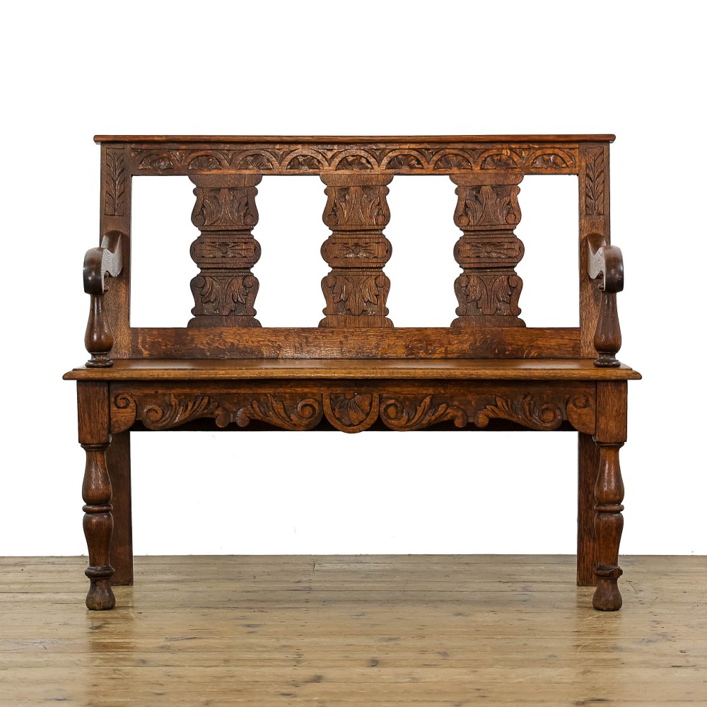 Antique Victorian Carved Oak Hall Bench
