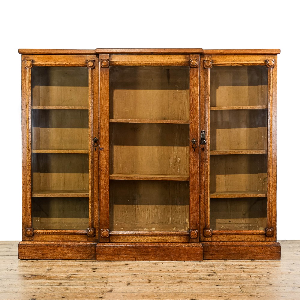 Antique Late Victorian Oak Breakfront Glazed Bookcase
