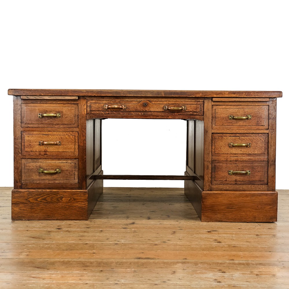 Large Antique Oak Twin Pedestal Partners Desk
