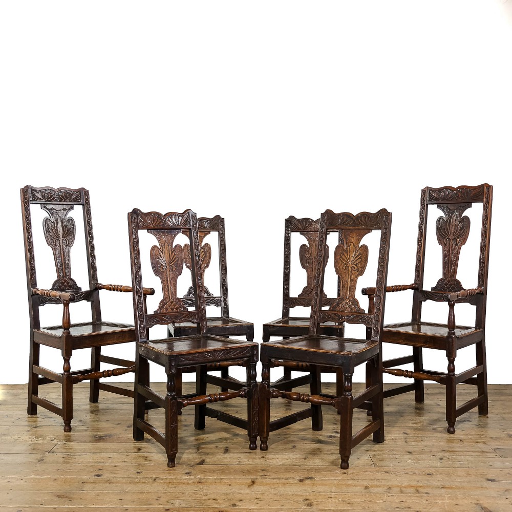 Set of Six 19th Century Carved Oak Dining Chairs
