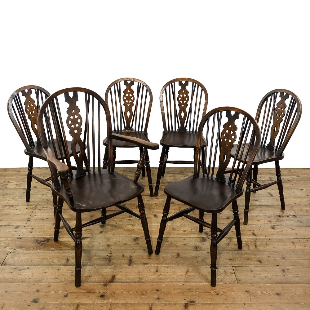 Set of Six Antique Elm Wheelback Kitchen Chairs

