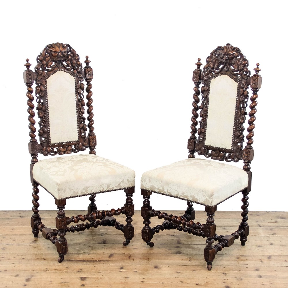 Pair of Carved Oak Upholstered Chairs 
