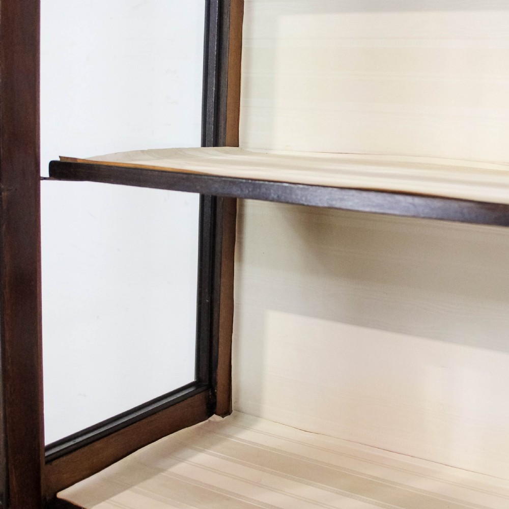 An antique Edwardian mahogany display cabinet featuring inlaid garland swags on the top frieze, twin glazed doors with gothic astragal bars, and slender square legs. View III