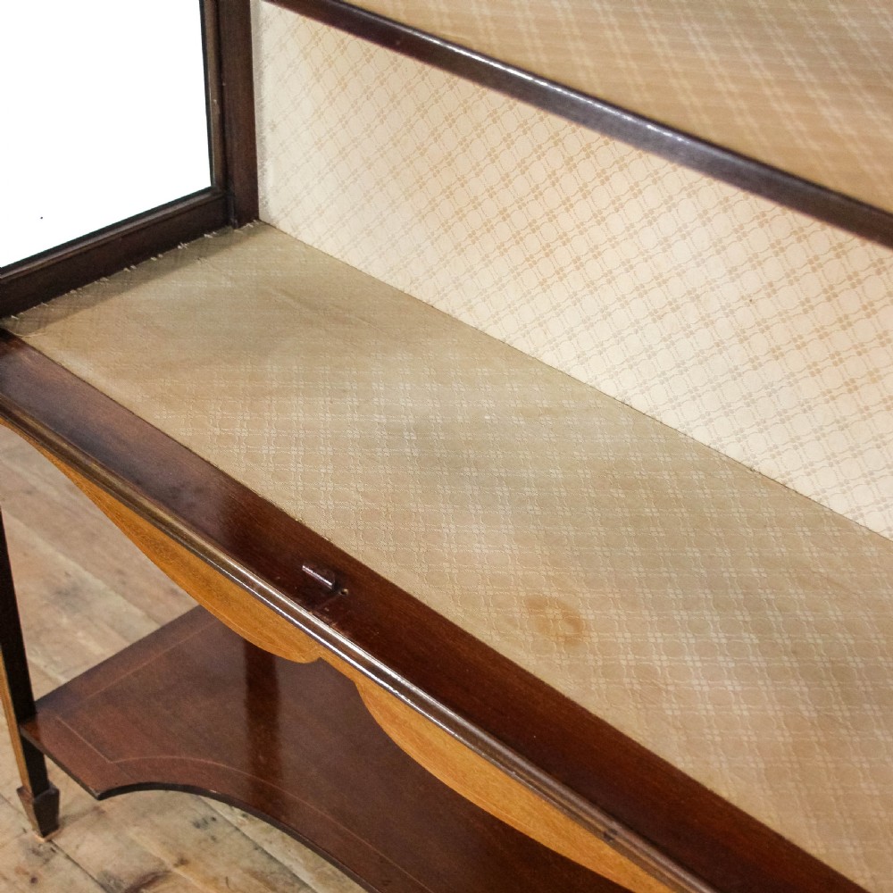 An Edwardian mahogany display cabinet featuring two astragal glazed glass doors, fabric-lined interior shelving, slender tapered legs, and a lower undertier. View VIII