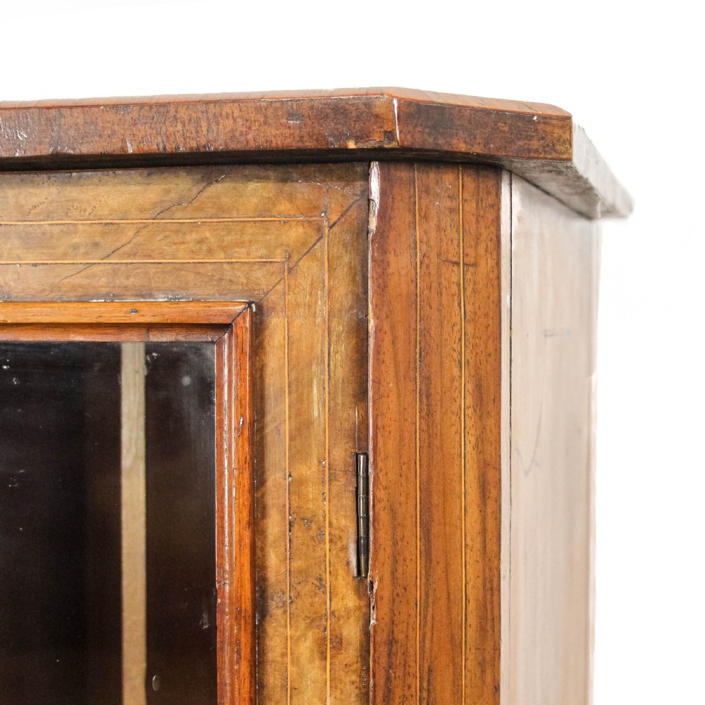 An antique Edwardian walnut music cabinet featuring a glazed door with vertical internal dividers and brass castors. View VI