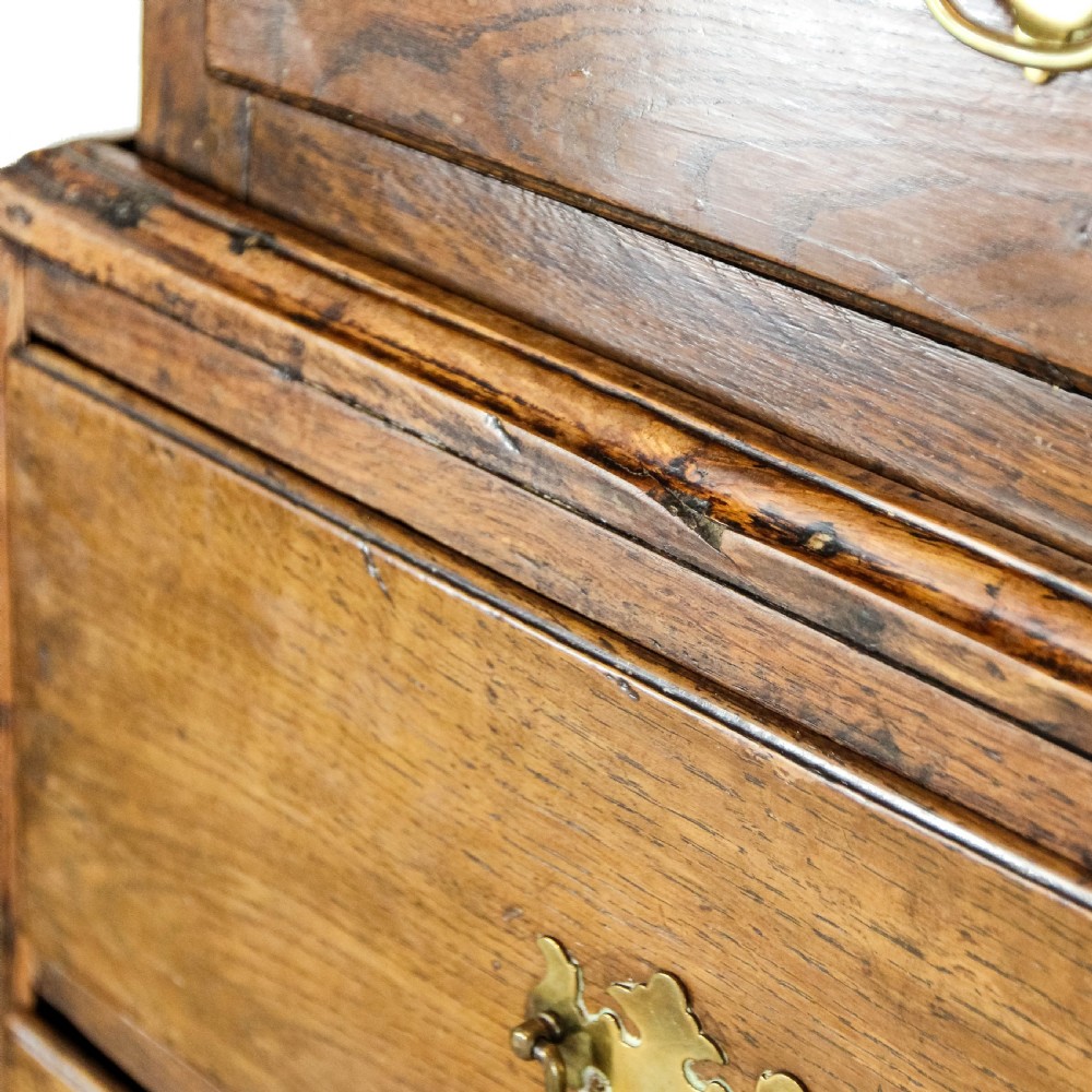 A nineteenth-century two-part oak housekeepers cupboard featuring twin panelled upper doors above two short and three long drawers with brass hardware. View XIV