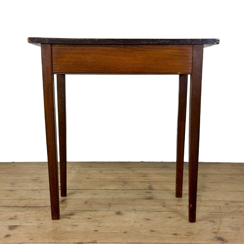 A dark oak rectangular side table featuring a single drawer with a metal drop handle and four straight legs. View V