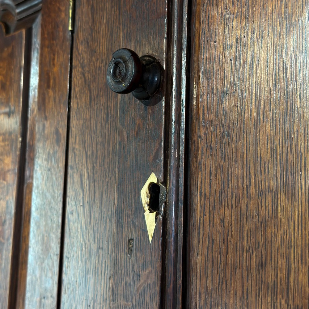 An 18th-century dark oak Welsh cwpwrdd deuddarn cupboard featuring two tiers with arched panelled doors and three lower drawers. View VIII