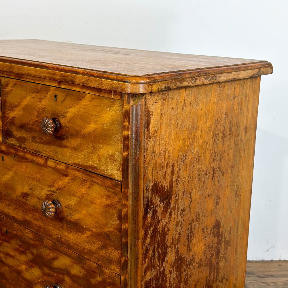 A Victorian mahogany chest of drawers featuring two short over three long drawers with carved fluted knobs and a plinth base. View IX
