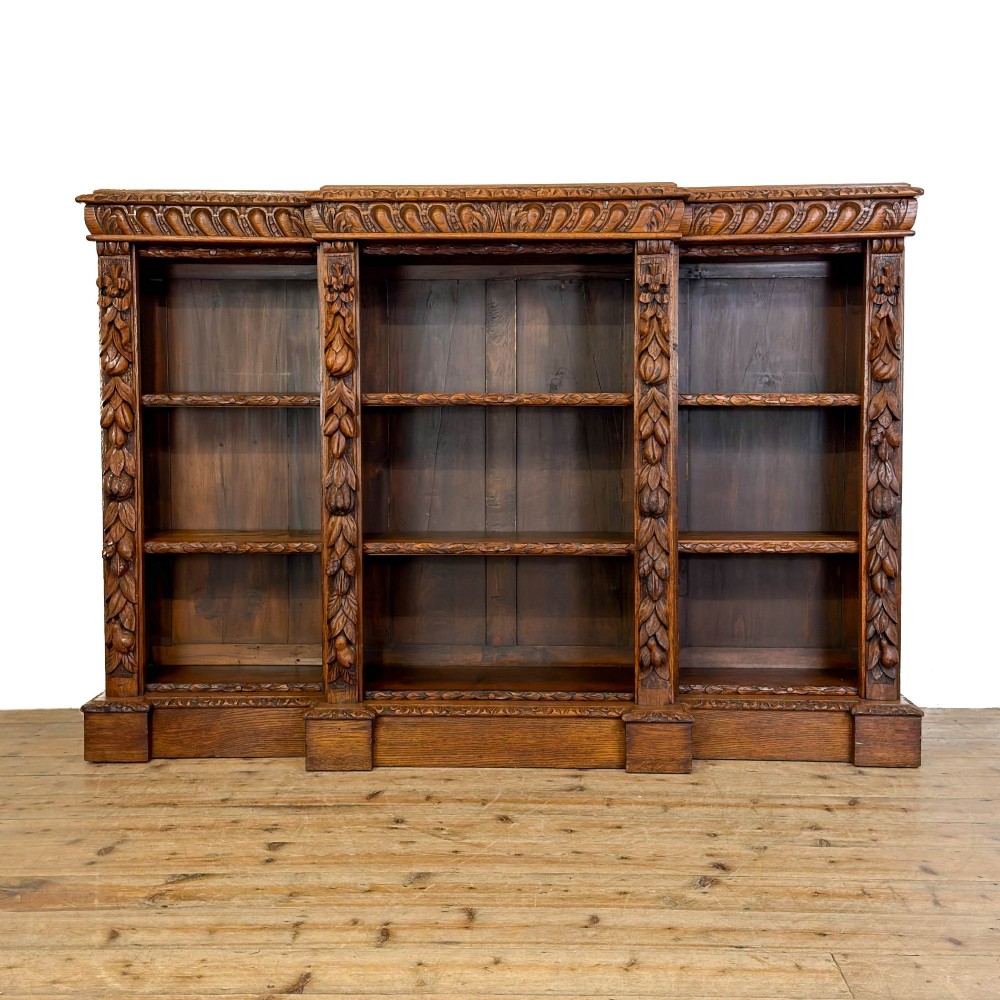 Antique Victorian Carved Oak Breakfront Bookcase