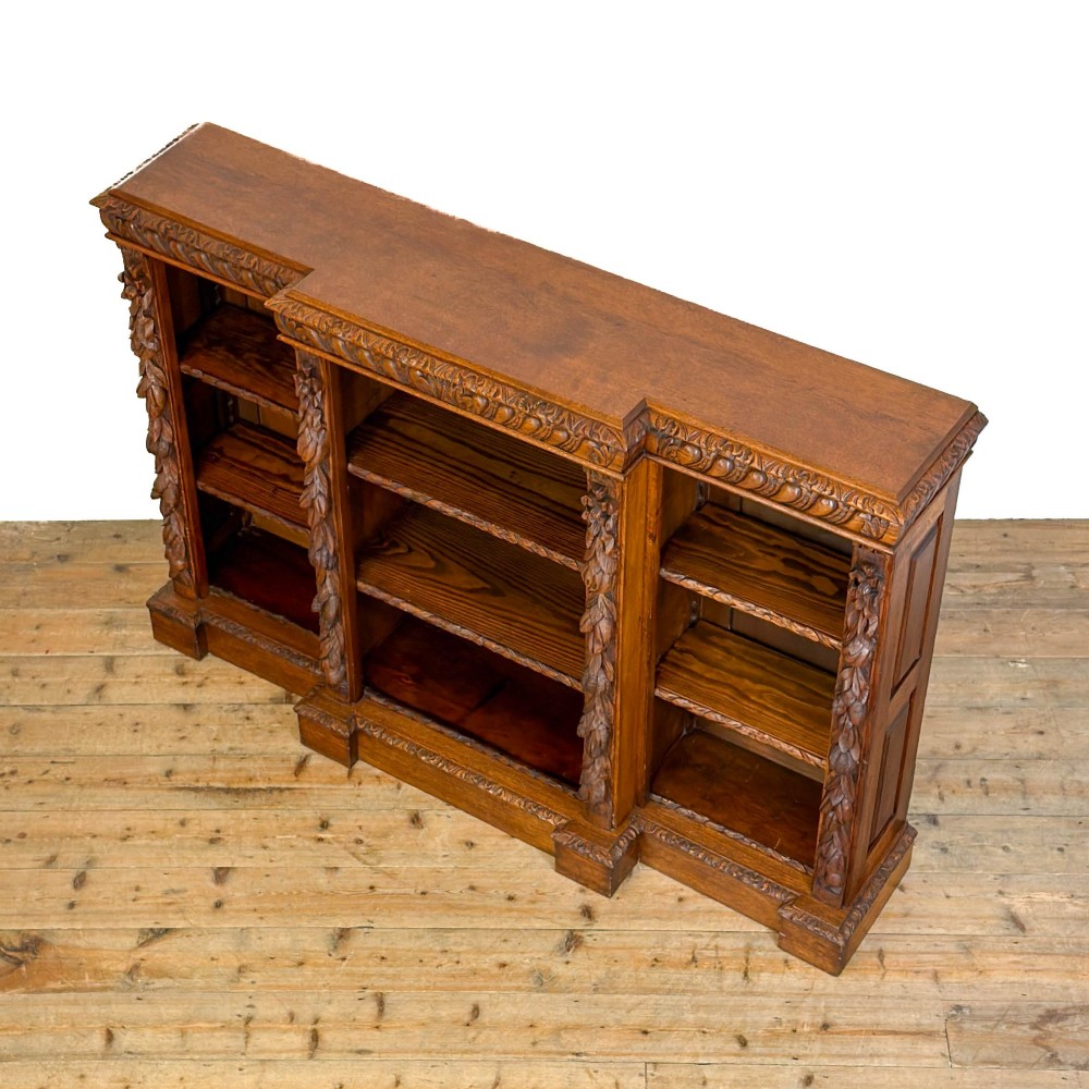 Antique Victorian Carved Oak Breakfront Bookcase View II