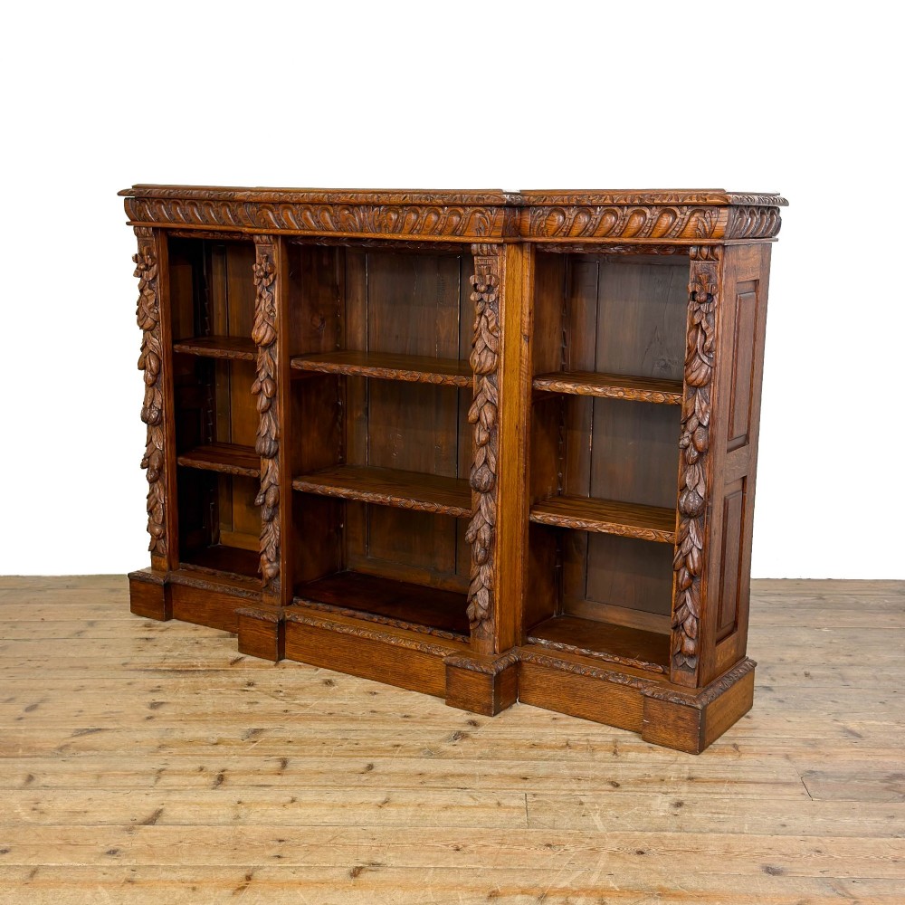 Antique Victorian Carved Oak Breakfront Bookcase View VII