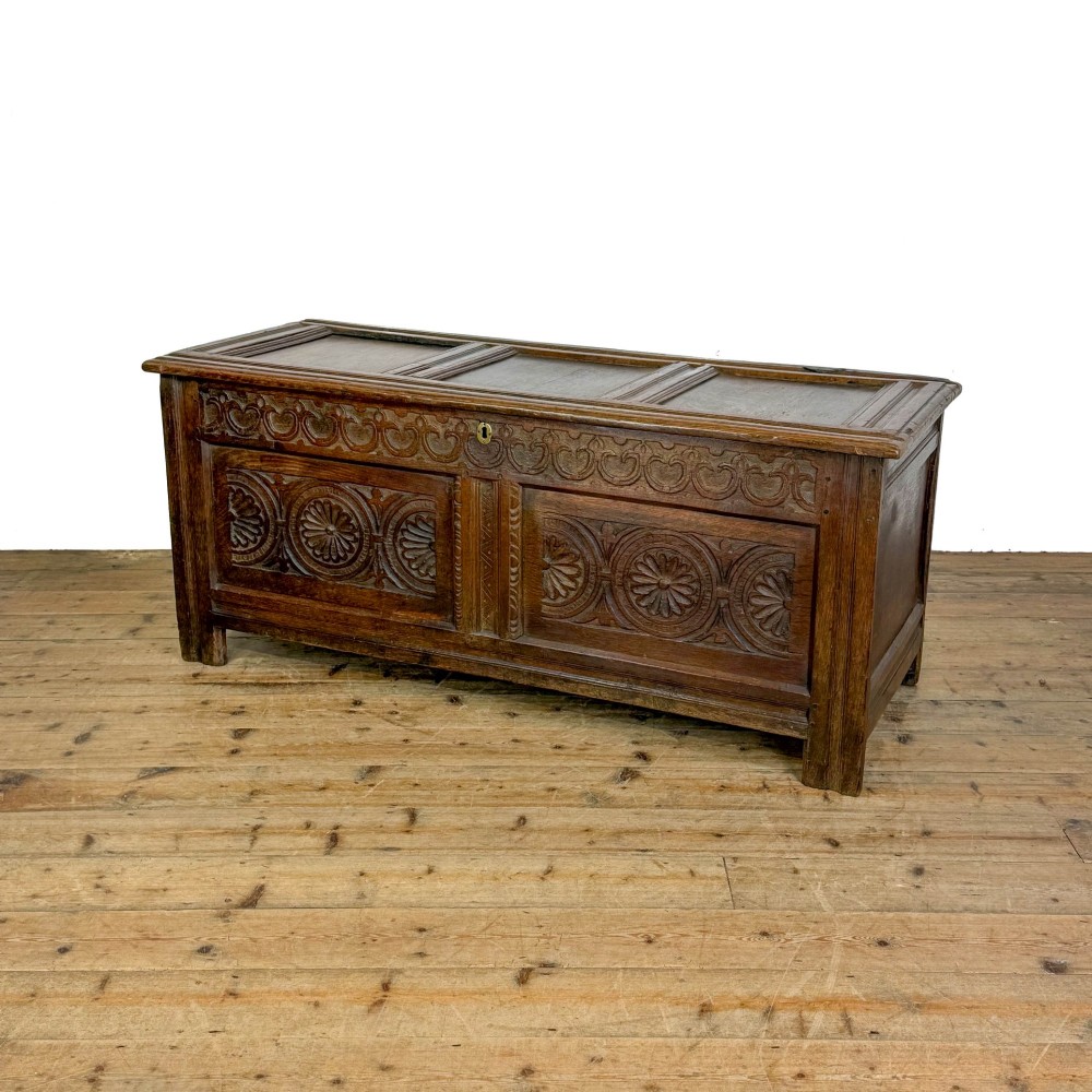 An 18th-century dark carved oak coffer featuring rosette panel relief carvings, a lunette frieze, and a brass keyhole escutcheon. View II