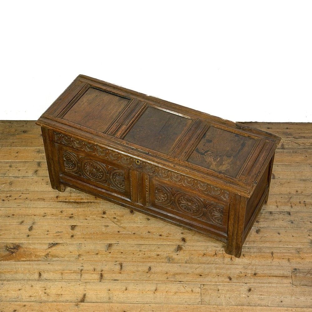 An 18th-century dark carved oak coffer featuring rosette panel relief carvings, a lunette frieze, and a brass keyhole escutcheon. View V