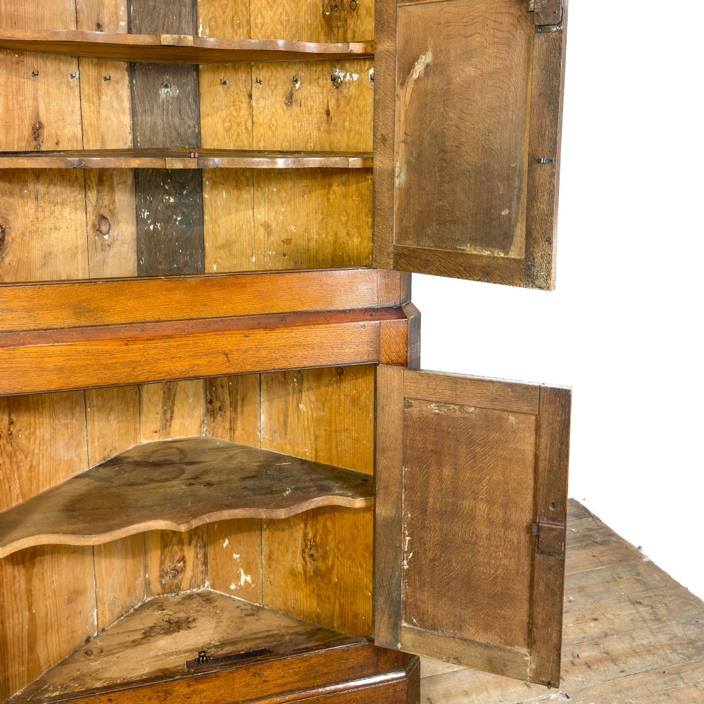 A two-tier freestanding Georgian oak corner cabinet with panelled double doors, brass keyhole escutcheons, and a moulded cornice. View III