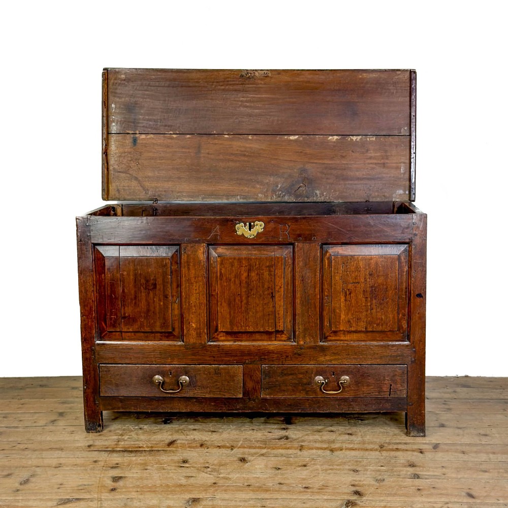 An 18th-century dark oak mule chest featuring three raised fielded panels, two lower drawers with brass swan-neck handles, and carved initial detailing. View II
