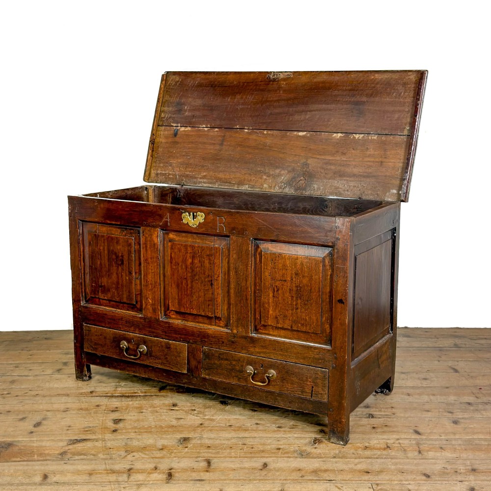 An 18th-century dark oak mule chest featuring three raised fielded panels, two lower drawers with brass swan-neck handles, and carved initial detailing. View III