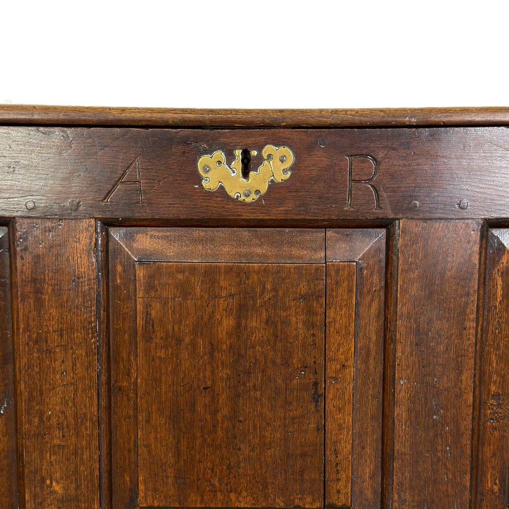 An 18th-century dark oak mule chest featuring three raised fielded panels, two lower drawers with brass swan-neck handles, and carved initial detailing. View IV