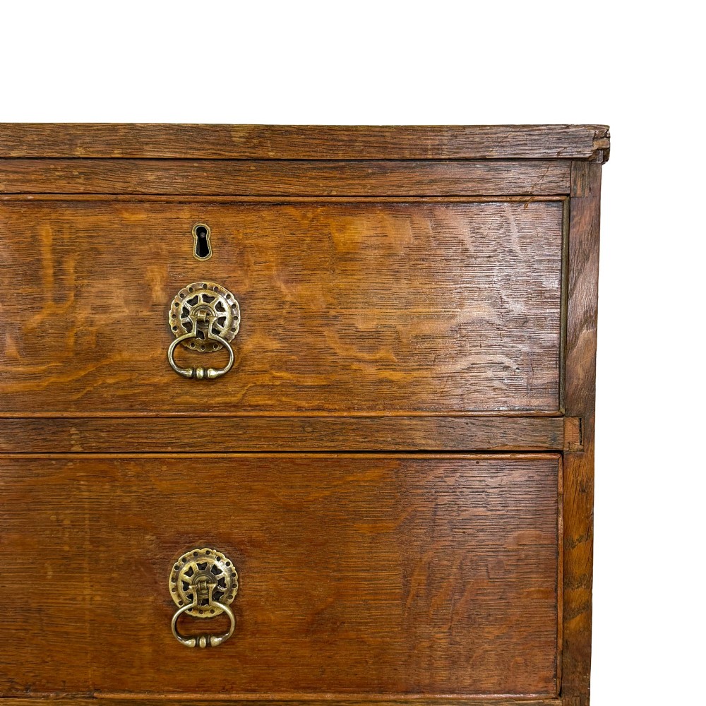 A nineteenth-century oak chest of drawers featuring two short over three long drawers with brass ring handles. View II