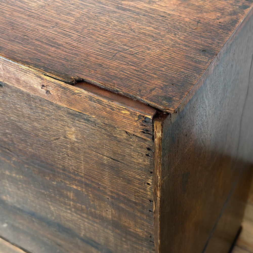 A nineteenth-century oak chest of drawers featuring two short over three long drawers with brass ring handles. View V