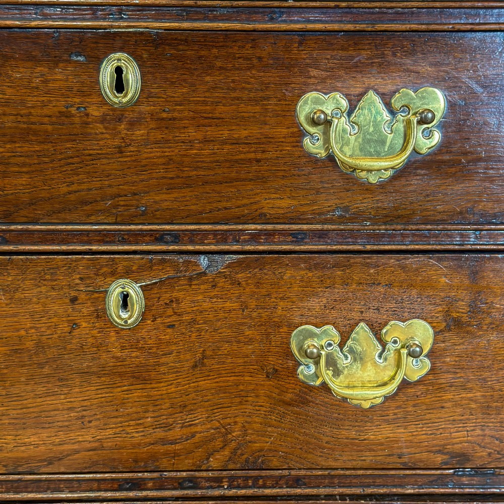 An eighteenth-century two-part Georgian oak livery cupboard with two multi-panelled doors above eight brass-handled drawers. View II