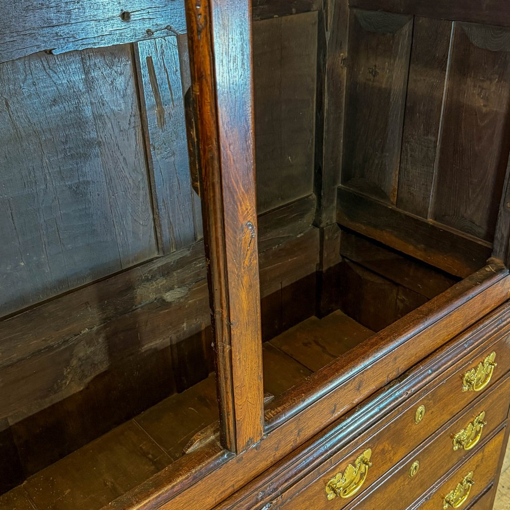 An eighteenth-century two-part Georgian oak livery cupboard with two multi-panelled doors above eight brass-handled drawers. View IV