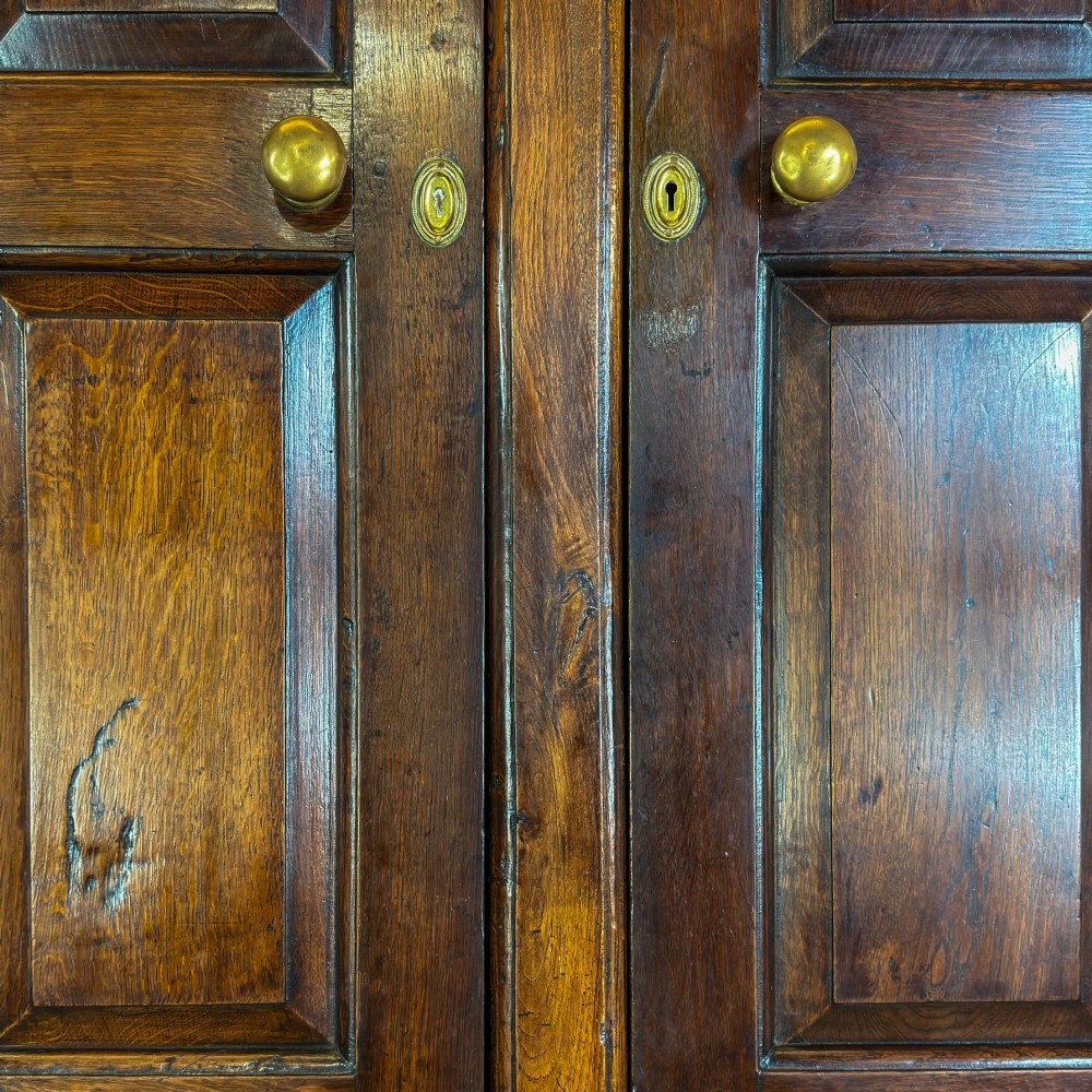An eighteenth-century two-part Georgian oak livery cupboard with two multi-panelled doors above eight brass-handled drawers. View XI