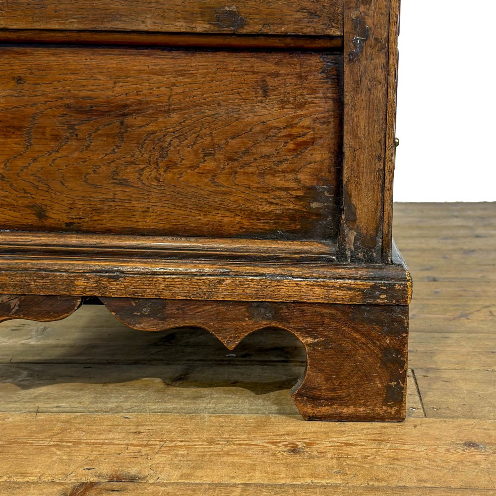An eighteenth-century two-part Georgian oak livery cupboard with two multi-panelled doors above eight brass-handled drawers. View XIV