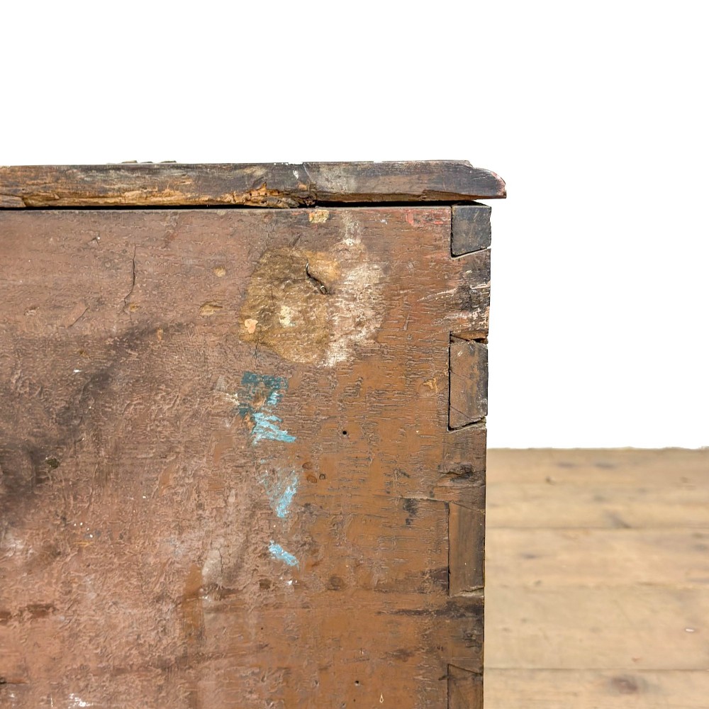 A dark brown oak bible box featuring a sloped hinged lid with a wooden rest ledge and an iron lockplate. View IX